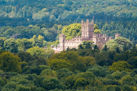 Photo of aerial view of Highclere Castle, England.
