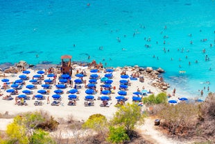 Photo of panoramic aerial view of Kalamis beach and bay in the city of Protaras, Cyprus.