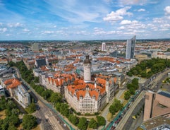 Photo of aerial view of the new town hall and the Johannapark at Leipzig, Germany.