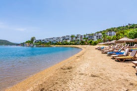 Photo of aerial view of Kuşadası beach resort town on Turkey’s western Aegean coast.