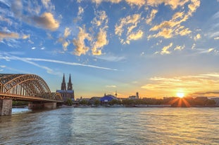 Photo of beautiful aerial view of Frankfurt at sunset Germany financial district skyline.