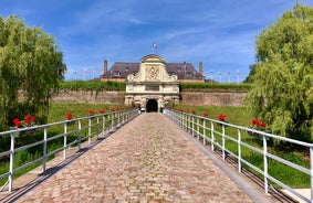 Photo of Metz city view of Petit Saulcy an Temple Neuf and Moselle River in Summer, France.