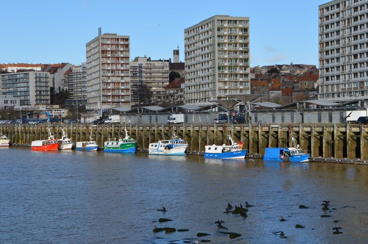 Port of Boulogne sur mer With fishing boats Black birds on rocks