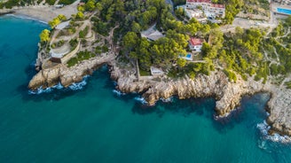 photo of aerial panorama view of the coastline Cambrils, Costa Dourada, Catalonia, Spain.