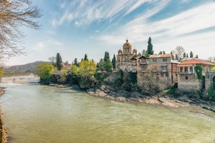 Photo of the ruins of the old Soviet sanatorium Medea, whose architecture which is basically a synthesis of Stalinist period classical style, Tskaltubo, Georgia.