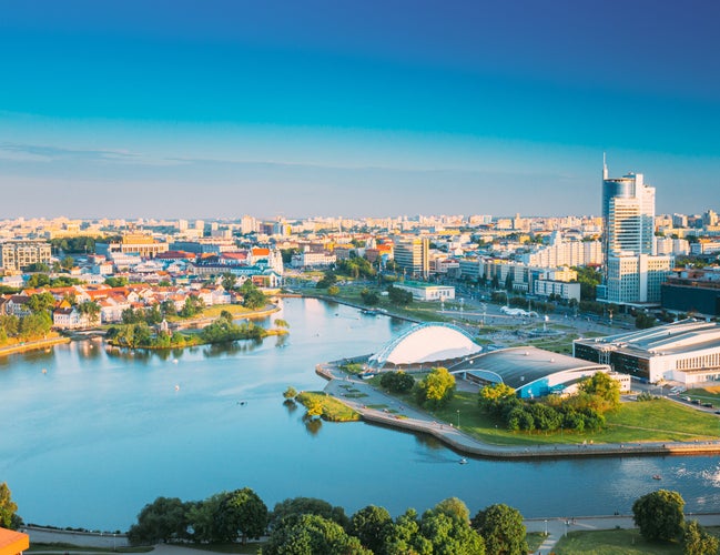 Photo of cityscape of Minsk, Belarus. Summer season, sunset time.