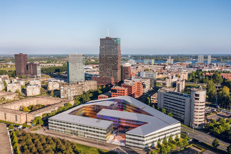 Almere city center (Almere Stad), aerial view. Flevoland, The Netherlands.