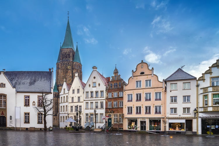 Photo of Market square with beautiful hisyorical houses and church in Warendorf, Germany.