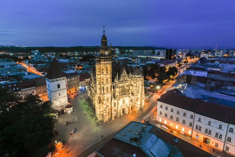 Kosice Aerial view of the main street (Hlavna ulica), St. Elisabeth Cathedral, an old town.