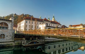 Capital of Slovenia, panoramic view with old town and castle.