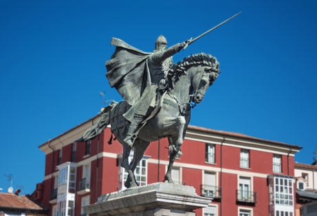 Photo of Ancient statue of medeival spanish soldier Rodrigo diaz de Vivar, El Cid in Burgos, Spain.