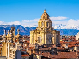 Photo of aerial view of Turin city center with landmark of Mole Antonelliana, Turin ,Italy ,Europe.