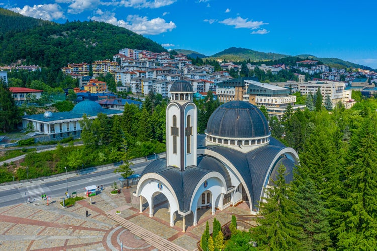 photo of view of Aerial view of Church of Saint Vissarion Smolenski and planetarium in Smolyan, Bulgaria.