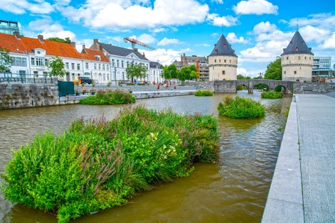 photo of view of Stock Photo ID: 2034077369  Broel Towers along the river Lys in Kortrijk, West Flanders, Belgium