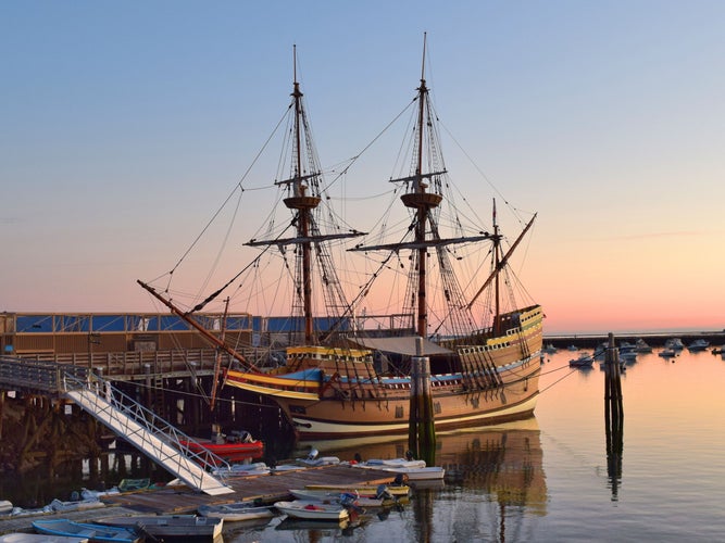 photo of view of Mayflower Docked at Plymouth Harbor Massachusetts.