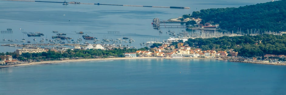 photo of view  of Aerial panoramic view of Les Sablettes beach, La Seyne-sur-Mer, Var, France.