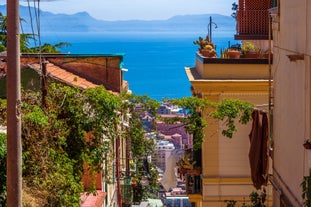 Naples, Italy. View of the Gulf of Naples from the Posillipo hill with Mount Vesuvius far in the background and some pine trees in foreground.