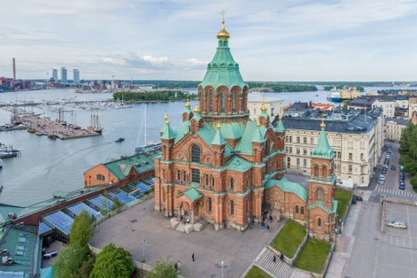 Photo of aerial view of Uspenski Orthodox Cathedral Church in Katajanokka district of the Old Town in Helsinki, Finland.