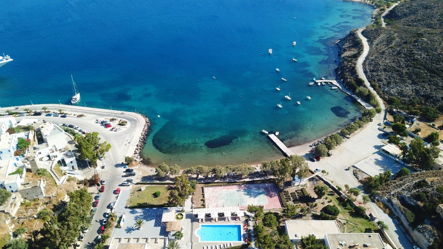 Photo of Aerial view of famous Lagada beach next to port of Adamantas, Milos island, Cyclades, Greece.