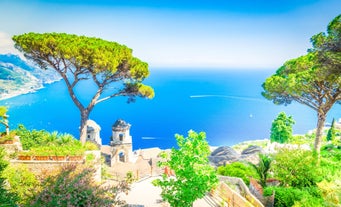 Photo of aerial morning view of Amalfi cityscape on coast line of Mediterranean sea, Italy.