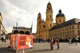 Aerial view on Marienplatz town hall and Frauenkirche in Munich, Germany.