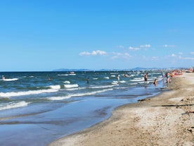 Photo of amazing landscape with beautiful sea beach on sunset in Viserbella, Italy.