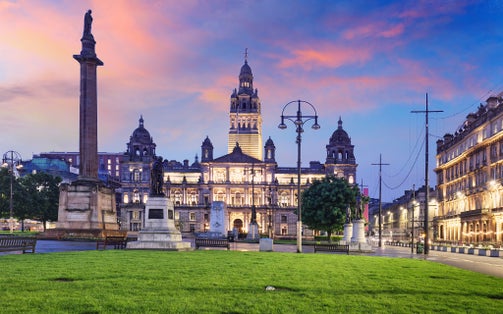 photo of view  of  Glasgow City Chambers and George Square at dramatic sunrise, Scotland - UK