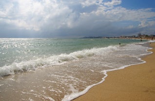 Photo of aerial view of beautiful beach in Mamaia, Romania.