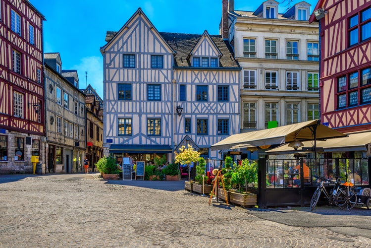 Photo of Cozy street with timber framing houses in Rouen, Normandy, France.