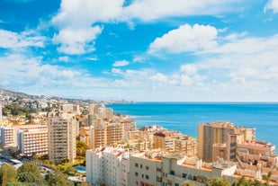 Photo of aerial panoramic view of Fuengirola city beach and marina, Fuengirola is a city on the Costa del Sol in the province of Malaga in the Andalusia, Spain.