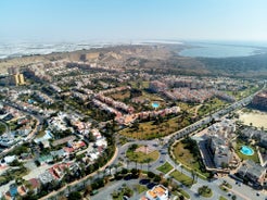 Photo of panoramic view of the Mediterranean beach of Roquetas de Mar in southern Spain.