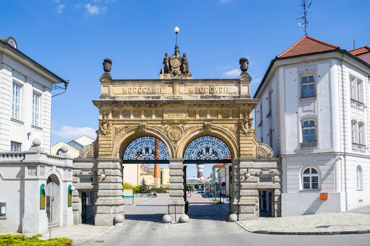 PILSEN, CZECH REPUBLIC -Pilsner Urquell Brewery main gate at sunset.