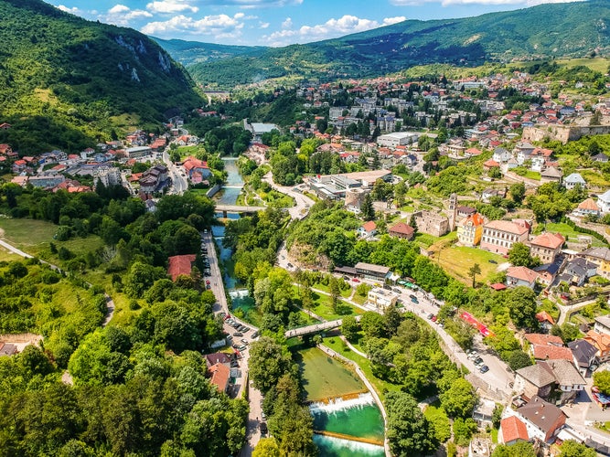 photo of aerial photo of city Jajce in Bosnia and Herzegovina.