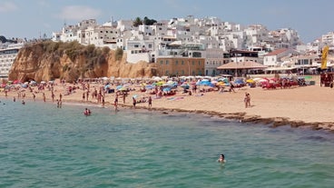 Photo of panoramic aerial view of Praia da Luz in municipality of Luz in Algarve, Portugal.