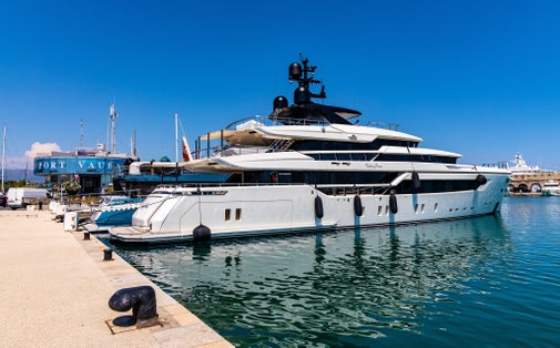 Panoramic view of Vauban port with exclusive yachts docked at marina piers onshore Azure Cost of Mediterranean Sea in Antibes resort town.