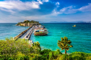 Photo of aerial view of Kuşadası beach resort town on Turkey’s western Aegean coast.