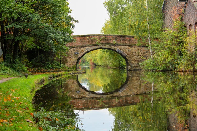 Sheffield - city in South Yorkshire, UK. Canal waterway basin and autumn colours.