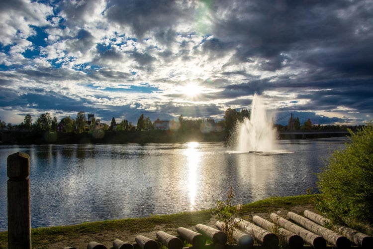 photo of view of Fountain at Glomma river in Elverum in Norway, Scandinavia.