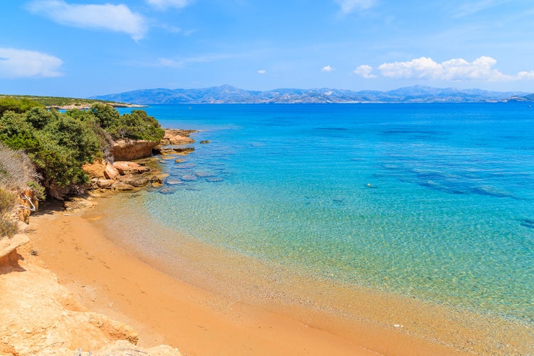 Photo of beautiful beach near Santa Maria village, Parikia ,Paros island, Greece.