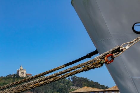 Gil Eannes boat in Viana do Castelo with Sant Lucy (Santa Luzia) in background