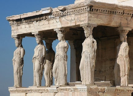 photo of view of The Porch of the Maidens, the Erechtheion, Athenian Acropolis. Athens, Greece.