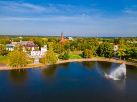 Photo of aerial view of Ukmerge city in Lithuania.