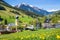 Photo of aerial view over Saalbach village in summer, Austria.