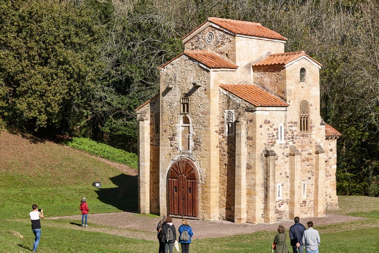 Church of San Miguel de Lillo in the mount of Naranco at sunset. Oviedo, Asturias, Spain. Europe