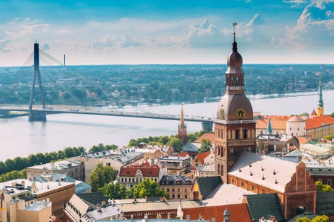 photo of aerial view of Riga cathedral In sunny summer day. Famous landmark - Riga Dome Cathedra in Latvia.
