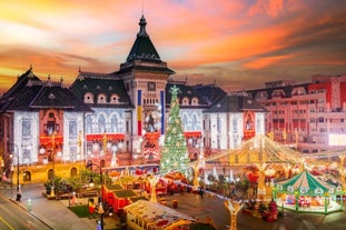 Antique building view in Old Town Bucharest city - capital of Romania and Dambrovita river. Bucharest, Romania, Europe.