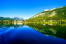 Photo of Tauplitz Alp ski areal view from lift at mountain's cabins, Austria.