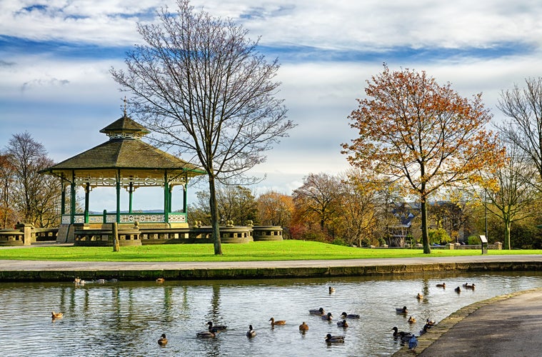 photo of view of Bandstand and duck pond in Greenhead park, Huddersfield, Yorkshire, England