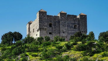 Photo of aerial view of town of Senj and Nehaj fortress , Adriatic sea, Primorje region of Croatia.