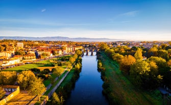 Photo of Nimes Arena aerial panoramic view. Nimes is a city in the Occitanie region of southern France.